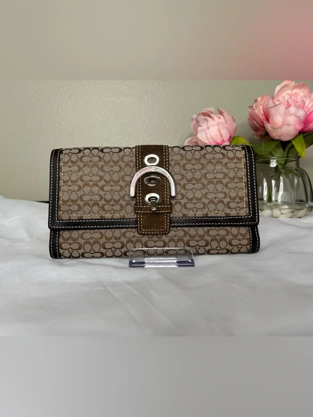 Coach Brown Monogram Wallet/ Clutch with Buckle Snap Accent